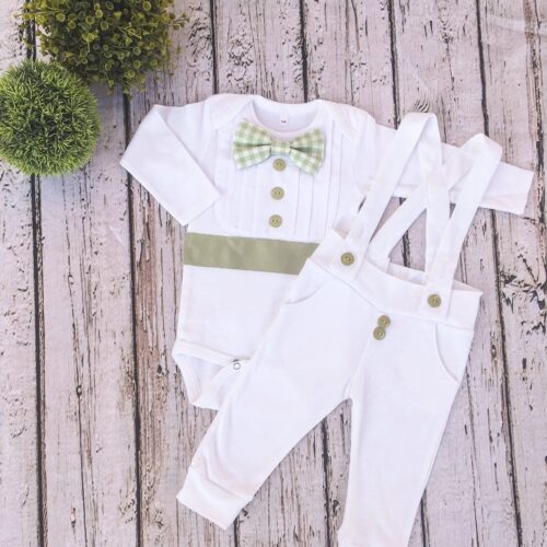 Bebe Couture 2 piece white and sage green christening outfit, with gingham bow tie
