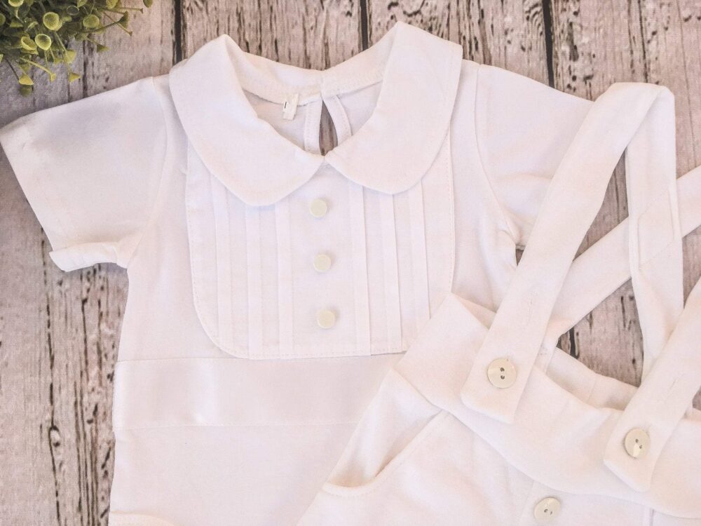 Bebe Couture 2 piece blessing or baptism outfit with peter pan collar, top detail