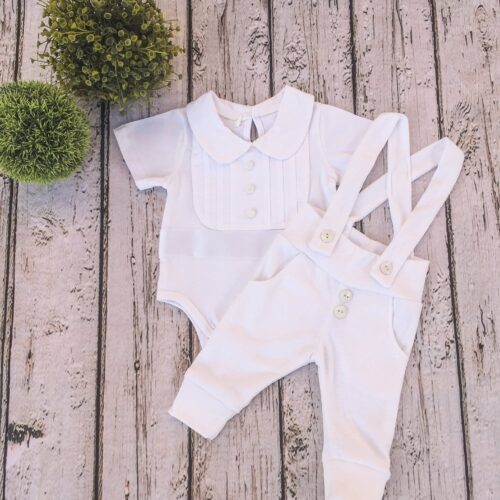 Bebe Couture 2 piece baptism outfit with peter pan collar and white suspender leggings
