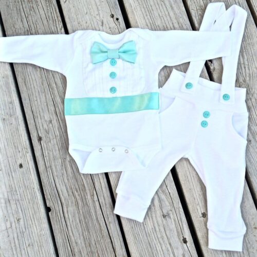 Bebe Couture white 2-piece christening outfit with teal bowtie buttons, and cummerbund